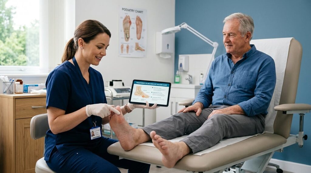 A serene clinic environment showing a doctor explaining treatment options to a patient while examini