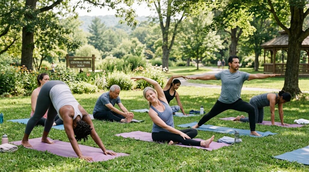 A diverse group of adults practicing yoga together in a serene park setting, demonstrating various s