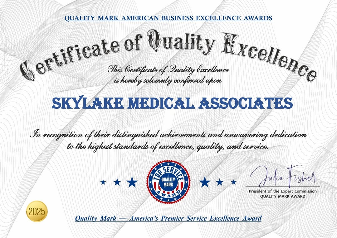 Certificate of Quality Excellence — Quality Mark American Business Excellence Awards 2025, awarded to Skylake Medical Associates