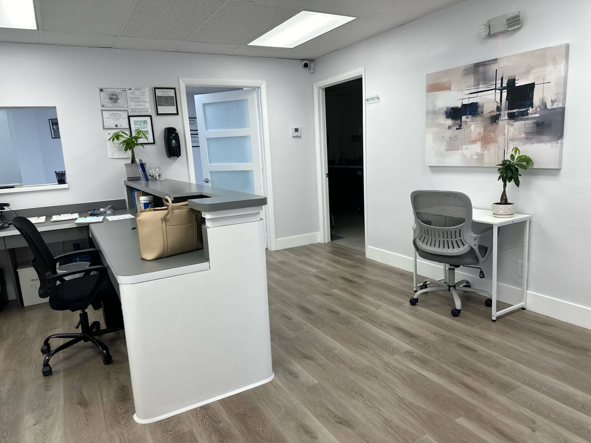Skylake Medical reception — white front desk, warm light, hardwood floor